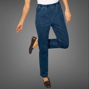 Blair Women Denimease Jeans Medium Blue Full Elastic High Rise Loose Fit Pull-On